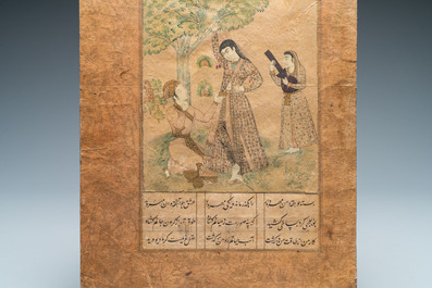 A Persian miniature on paper: 'Kneeling man in front of a beauty and her servant', probably India, 18/19th C.