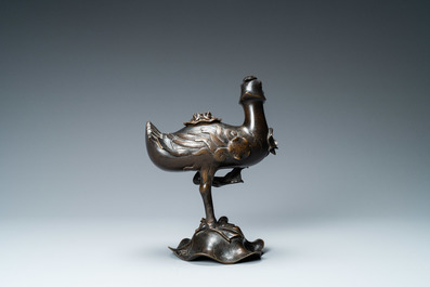 A Chinese bronze 'mandarin duck on lotus' censer, Ming