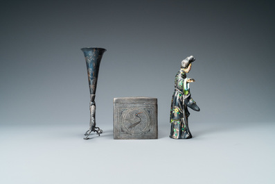 A Chinese enamelled silver figure, a silver vase, a silver-inlaid bronze censer and a silver-plated bronze box, 19/20th C.