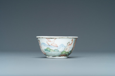 A rare Chinese famille rose miniature 'Leda and the swan' cup and saucer, Yongzheng/Qianlong