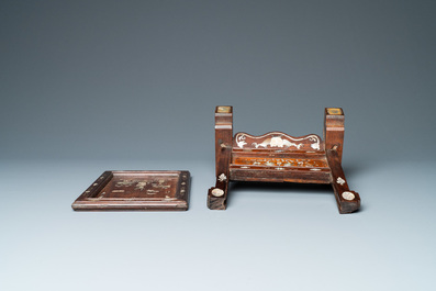 A Chinese mother-of-pearl-inlaid wooden table screen, 19th C.