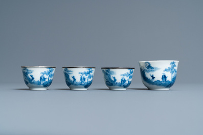 Four Chinese blue and white 'Bleu de Hue' cups for the Vietnamese market, Tu Duc reign mark, 19th C.