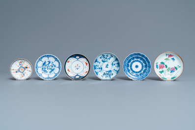 Twenty-four Chinese cups and twenty-five saucers in blue and white, famille rose, verte and Imari-style porcelain, Kangxi and later