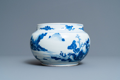 A Chinese blue and white bowl with figures in a landscape, Kangxi