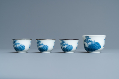 Quatre tasses en porcelaine de Chine 'Bleu de Hue' pour le Vietnam, marque de Tu Duc, 19&egrave;me