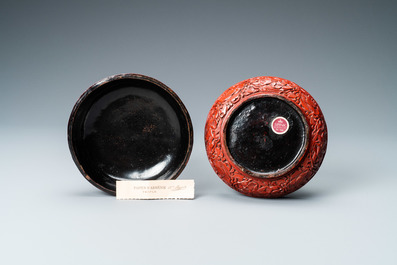 A Chinese round cinnabar lacquer box and cover with two scholars at a table, 18/19th C.