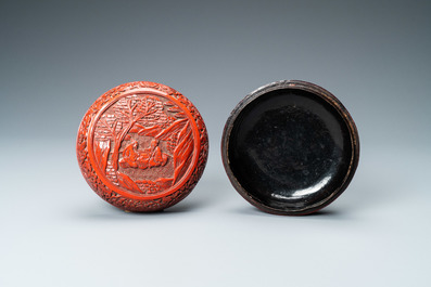 A Chinese round cinnabar lacquer box and cover with two scholars at a table, 18/19th C.