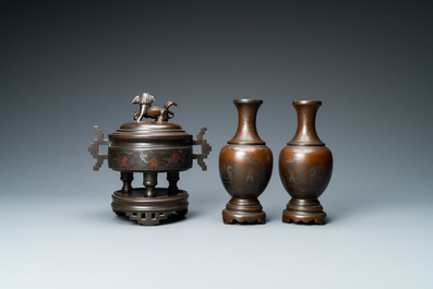 A Chinese inlaid bronze censer and a pair of vases for the Vietnamese market, 19th C.