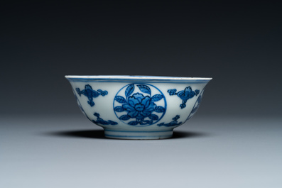 A Chinese blue and white 'dragon' bowl with lanca-characters, Wanli mark and of the period