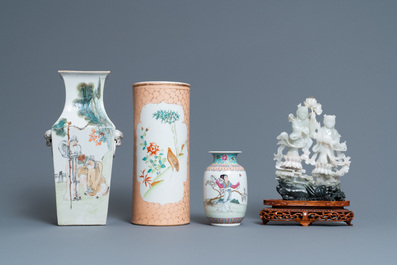 A Chinese qianjiang cai vase, three famille rose wares and a jadeite carving, 19/20th C.