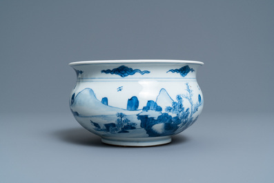 A Chinese blue and white censer with figures in a mountainous landscape, Kangxi