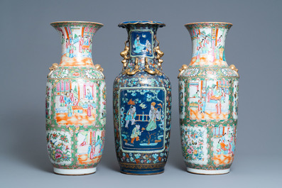 A pair of Chinese Canton famille rose vases and a blue-ground vase, 19th C.