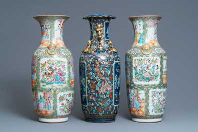 A pair of Chinese Canton famille rose vases and a blue-ground vase, 19th C.