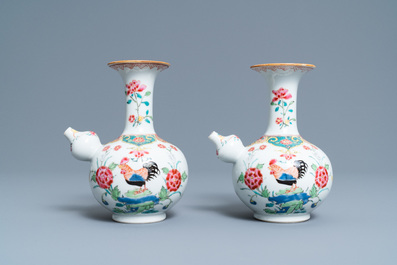 A pair of Chinese famille rose 'rooster' kendi, Qianlong