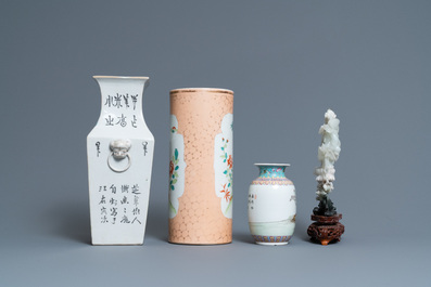 A Chinese qianjiang cai vase, three famille rose wares and a jadeite carving, 19/20th C.