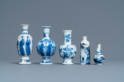 Five Chinese mostly blue and white vases, Kangxi