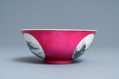 A Chinese ruby-ground bowl with landscape medallions, 19/20th C.