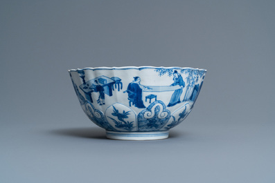 A Chinese blue and white lotus-molded 'Seven sages in the bamboo grove' bowl, Chenghua mark, Kangxi