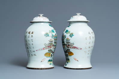 A pair of Chinese qianjiang cai vases and covers with antiquities, 19/20th C.