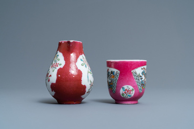 Three Chinese famille rose ruby-ground and ruby-back wares, Yongzheng