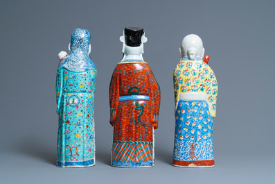 Three Chinese famille rose 'Star God' figures, seal marks, 19/20th C.