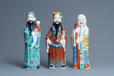 Three Chinese famille rose 'Star God' figures, seal marks, 19/20th C.