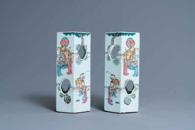 A pair of reticulated Chinese famille rose hat stands, 19th C.