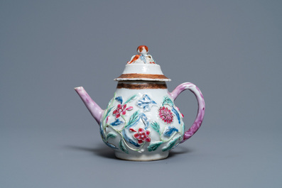 A Chinese famille rose relief-decorated teapot on stand, Yongzheng