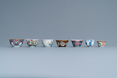 Seven Chinese famille rose and other cups and saucers, Kangxi and later