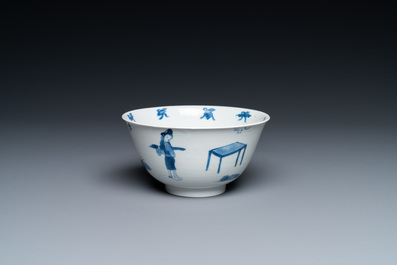 Un bol en porcelaine de Chine en bleu et blanc &agrave; d&eacute;cor de sc&egrave;nes du 'Xi Xiang Ji', Kangxi