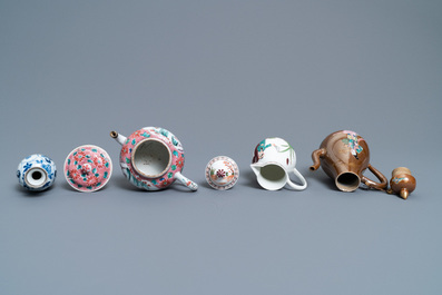 Two Chinese famille rose jugs, a teapot and a blue and white vase, Kangxi and later