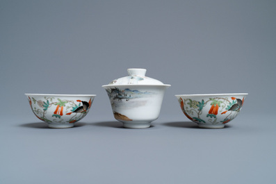 A Chinese famille rose bowl and cover and two 'butterfly' bowls, Jingdezhen mark, Republic