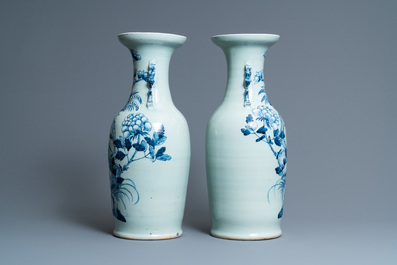 A pair of Chinese blue and white celadon 'pheasant' vases, 19th C.