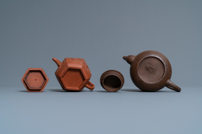 Four Chinese Yixing stoneware, blue and white and monochrome black porcelain teapots, Kangxi and later