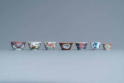 Seven Chinese famille rose and other cups and saucers, Kangxi and later