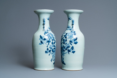 A pair of Chinese blue and white celadon 'pheasant' vases, 19th C.