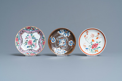 Seven Chinese famille rose and other cups and saucers, Kangxi and later