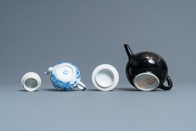 Four Chinese Yixing stoneware, blue and white and monochrome black porcelain teapots, Kangxi and later