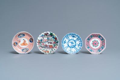 Seven Chinese famille rose and other cups and saucers, Kangxi and later