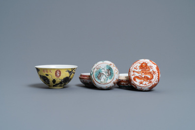 A Chinese Dayazhai yellow-ground bowl and two seal paste boxes, 19th C.