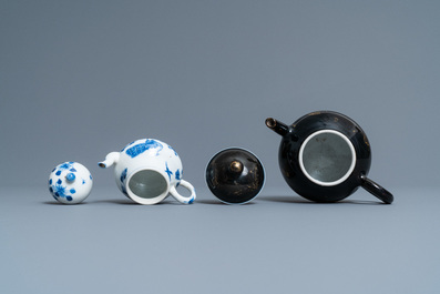 Four Chinese Yixing stoneware, blue and white and monochrome black porcelain teapots, Kangxi and later