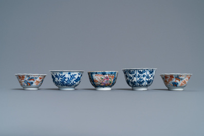 Five various Chinese cups and saucers and a small dish, Kangxi/Qianlong