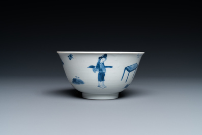 Un bol en porcelaine de Chine en bleu et blanc &agrave; d&eacute;cor de sc&egrave;nes du 'Xi Xiang Ji', Kangxi