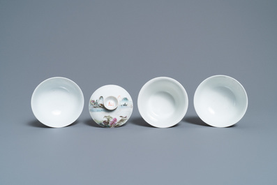 A Chinese famille rose bowl and cover and two 'butterfly' bowls, Jingdezhen mark, Republic