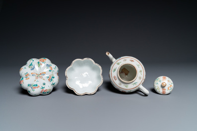 Seven Chinese famille rose saucers, a teapot and a covered box, 19th C.