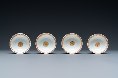 Four Chinese iron-red and gilt cups and saucers and a covered jug, Yongzheng/Qianlong