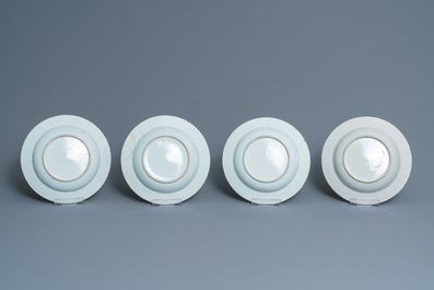 Fifteen Chinese blue and white plates and three dishes with 'cuckoo in the house' design, Qianlong