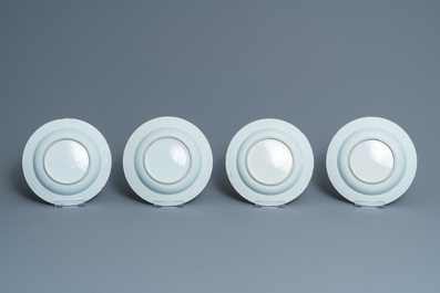 Fifteen Chinese blue and white plates and three dishes with 'cuckoo in the house' design, Qianlong