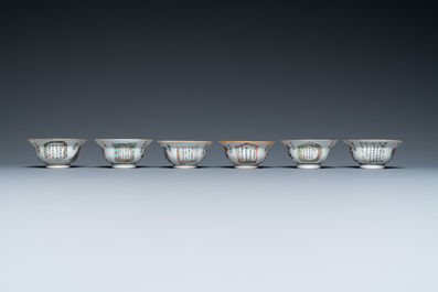 Six tasses et soucoupes en porcelaine de Chine famille rose &agrave; d&eacute;cor 'Wu Shuang Pu', marques de Qianlong et Tongzhi, 19&egrave;me