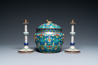 A Chinese cloisonn&eacute; bowl and cover and a pair of candlesticks, 19/20th C.